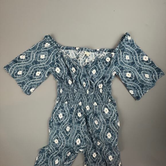 Earthbound Blue Boho Wide Leg Jumpsuit Medium Off Shoulder Smocked Waist - Picture 2 of 5